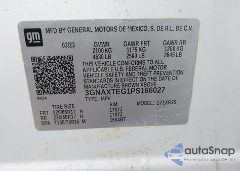 2023 Chevrolet Equinox Awd 2Fl из США, поврежденный, VIN 3GNAXTEG1PS166027